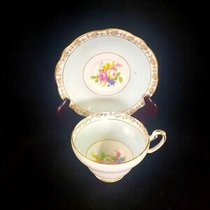Vintage Foley Bone China Teacup and Saucer Set Floral Bouquet Pale Blue England